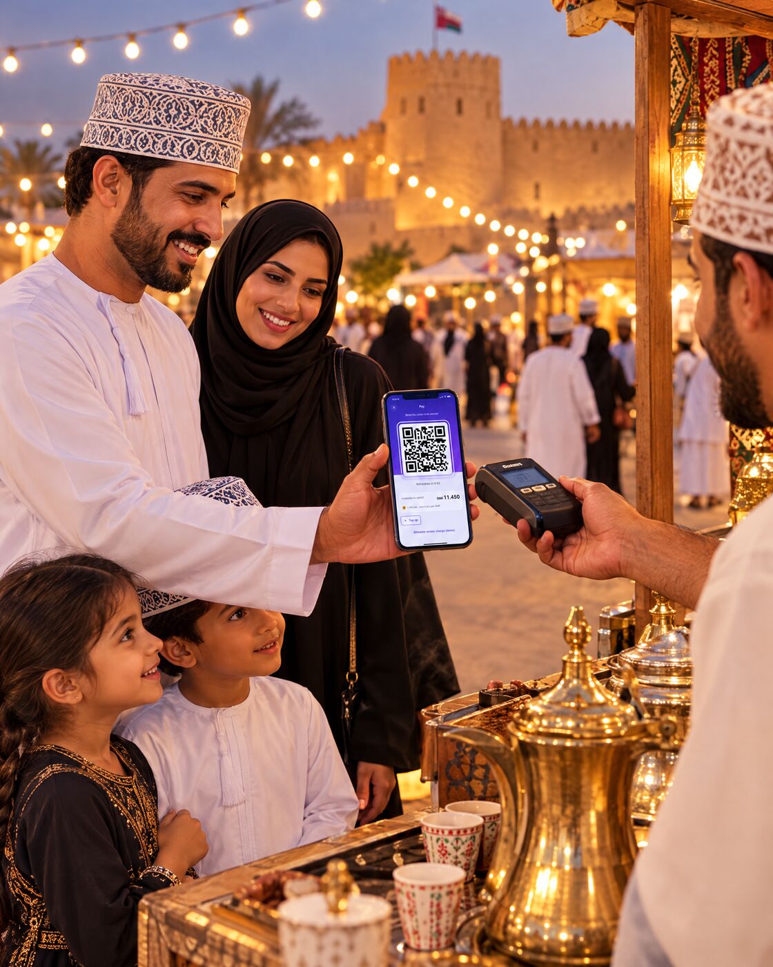 A family pays at a karak stall with the wallet pay code