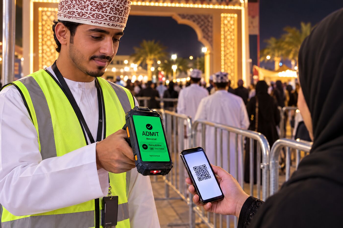 Gate staff scanning a ticket on a handheld terminal