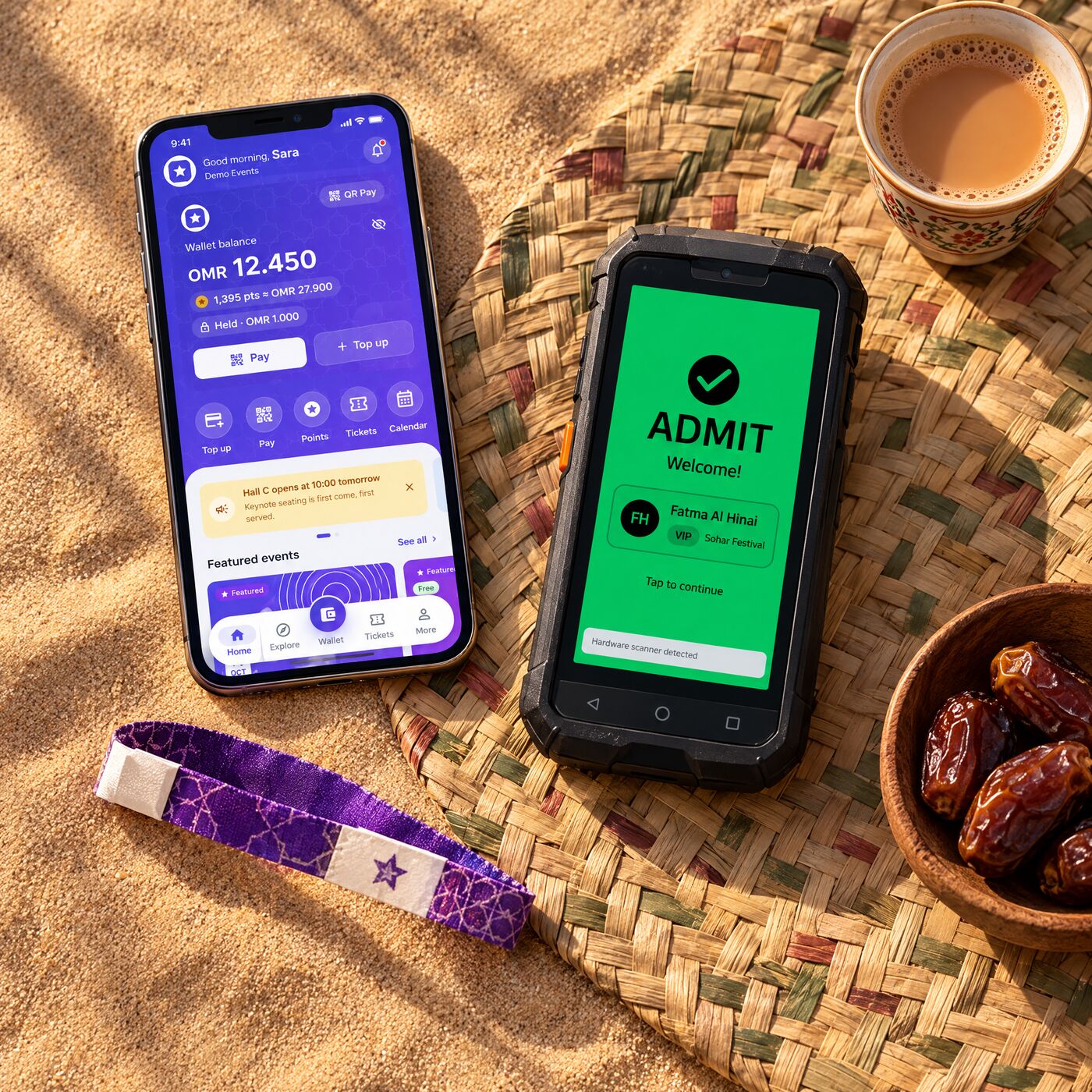 Visitor app and gate scanner on a palm-leaf mat