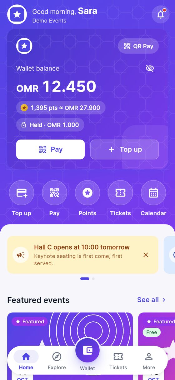 App home with wallet card, quick actions and featured events